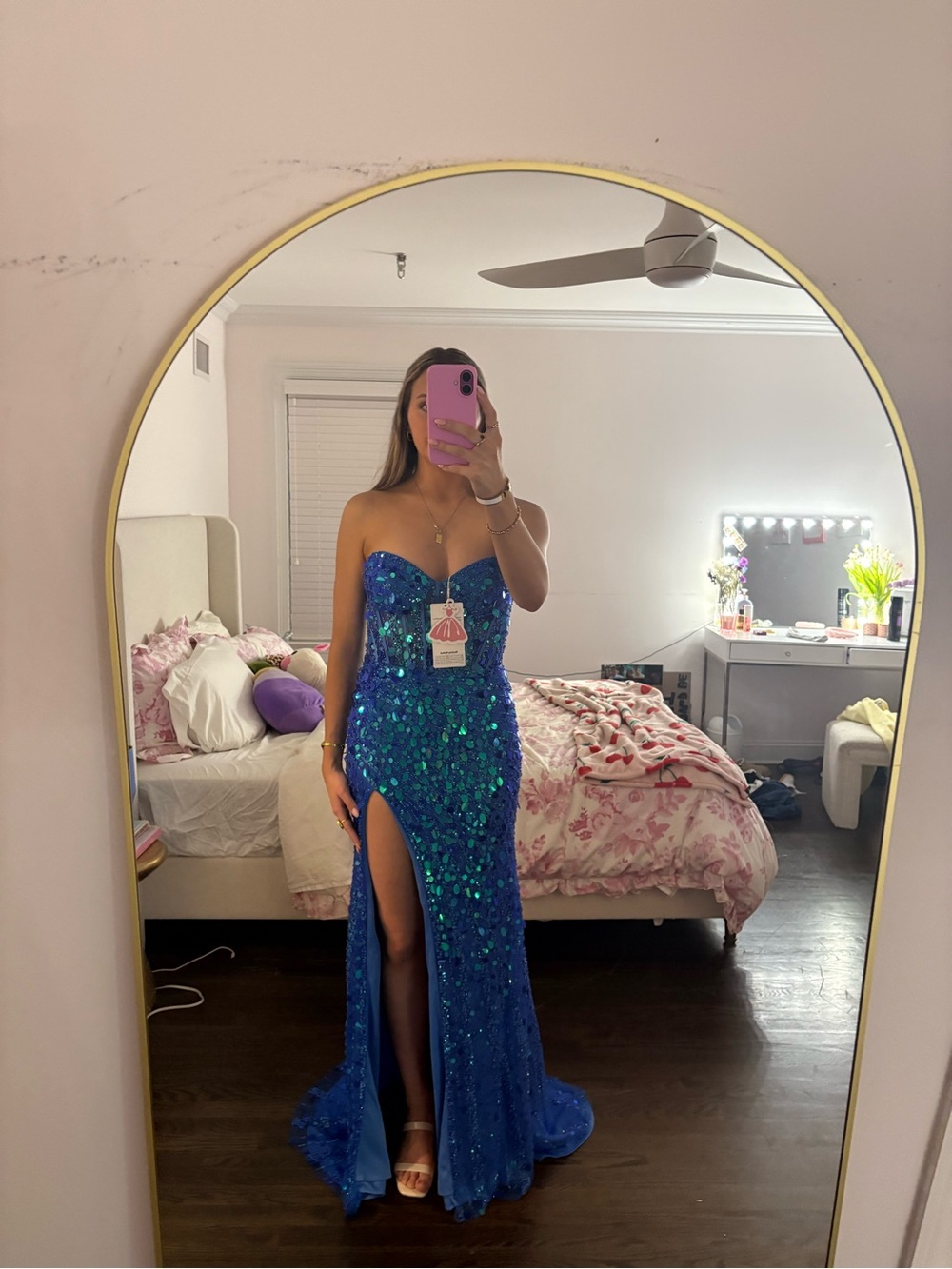 Strapless Royal Blue Sequin Maxi Dress with Front Slit